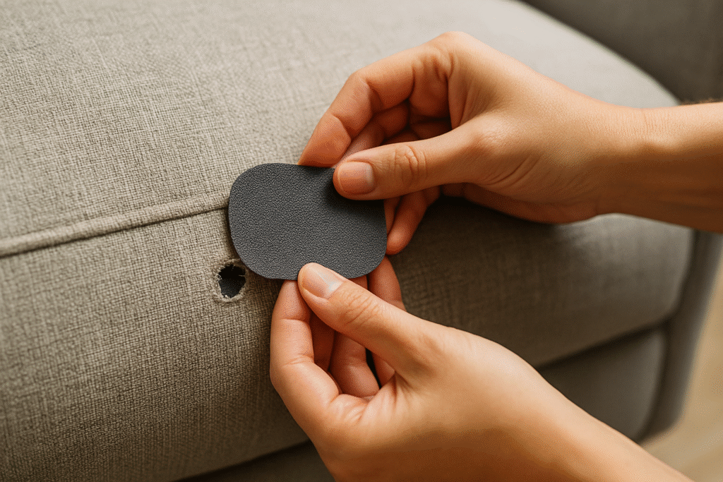 applying fabric patch to repair burn hole on couch