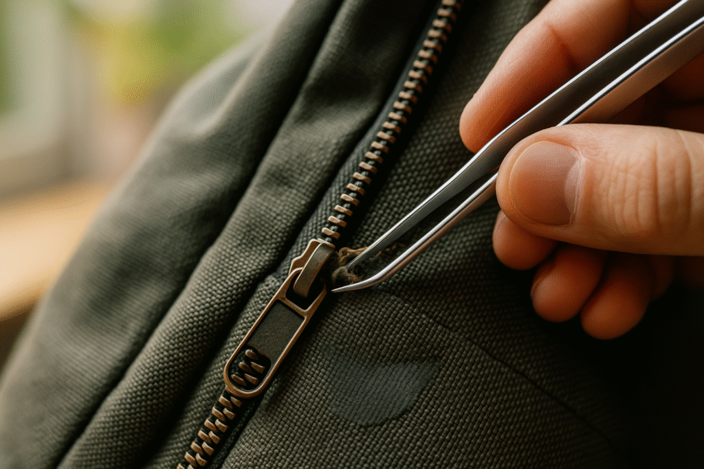 removing thread obstruction from stuck zipper