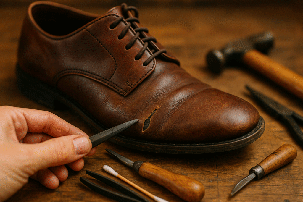 leather shoe with small tear before repair