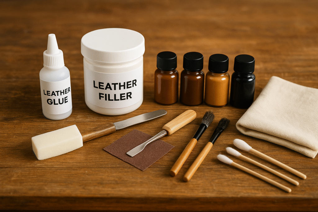 tools and supplies needed to fix a tear in leather shoes