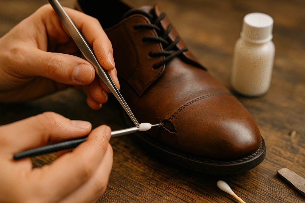 applying adhesive to leather shoe tear for repair