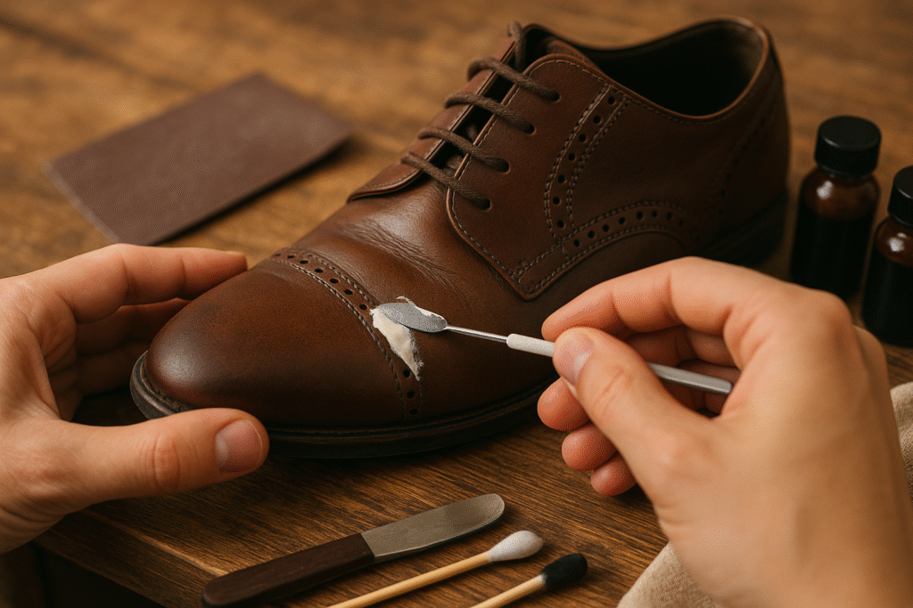 applying filler and dye to repair leather shoe tear