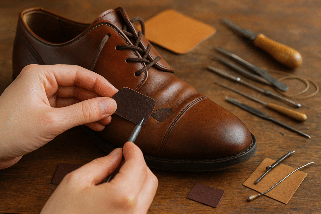 alternative leather shoe repair with patch and stitching