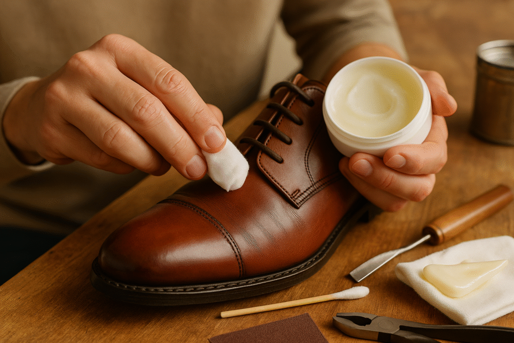 expert applying conditioner to repaired leather shoe