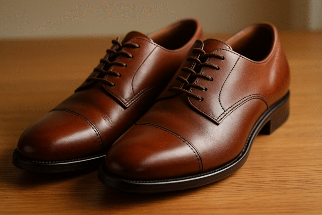 polished leather shoes restored after tear repair