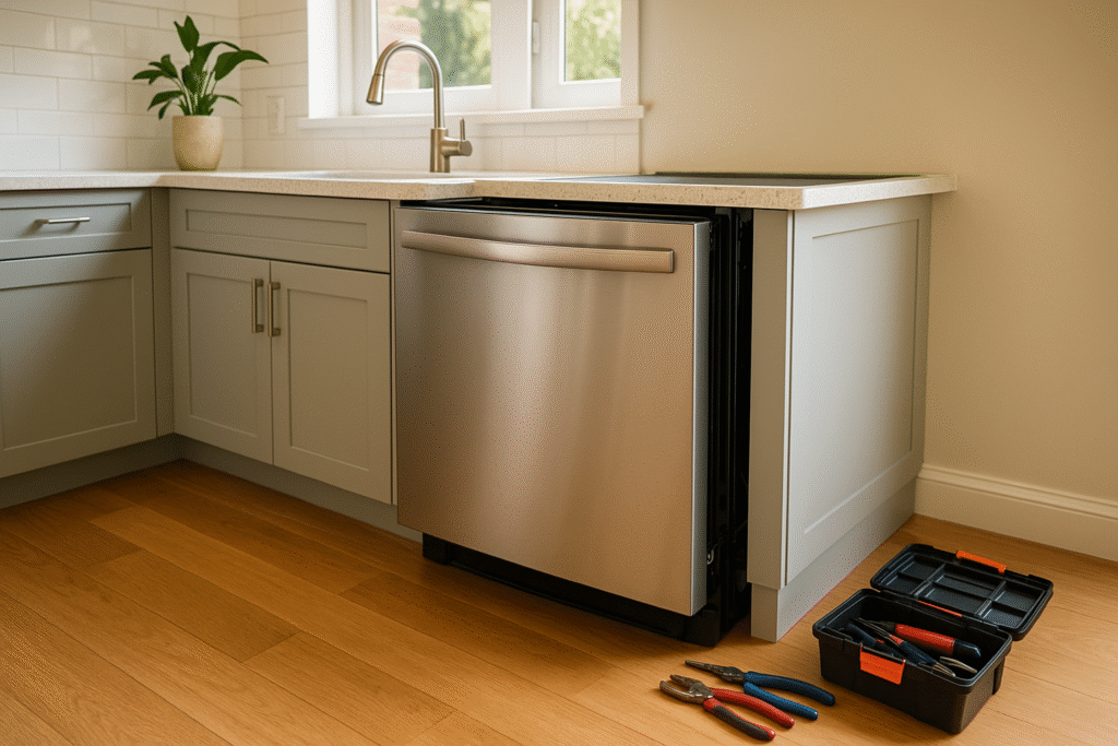 modern kitchen showing dishwasher replacement in progress