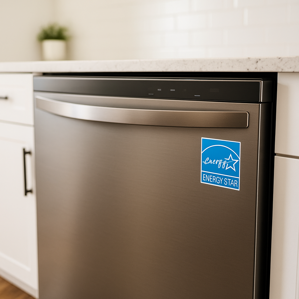 energy efficient dishwasher with ENERGY STAR label in kitchen