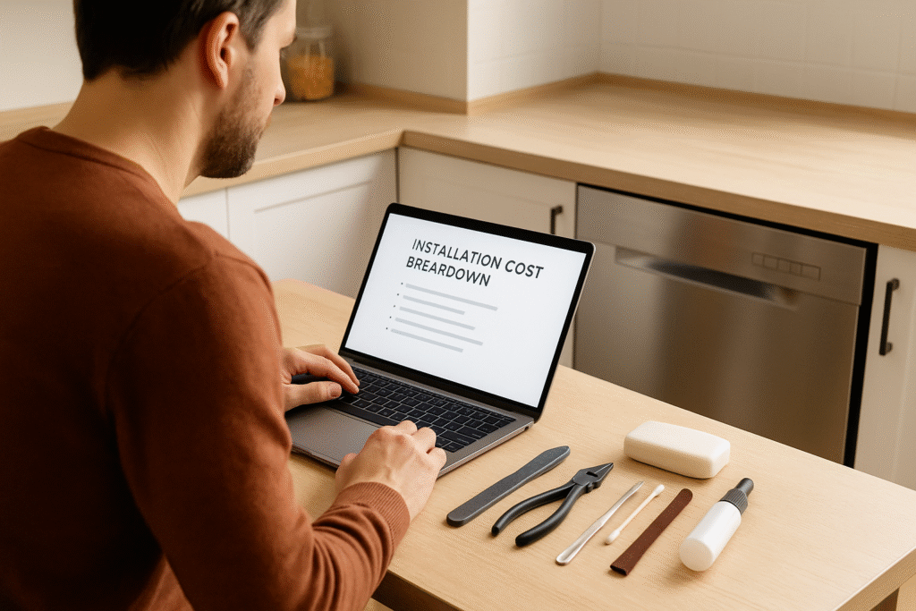 homeowner checking dishwasher replacement cost FAQs on laptop