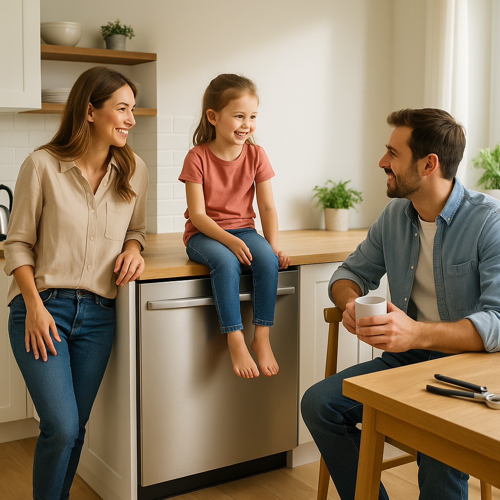 modern kitchen with new dishwasher installed and family enjoying it