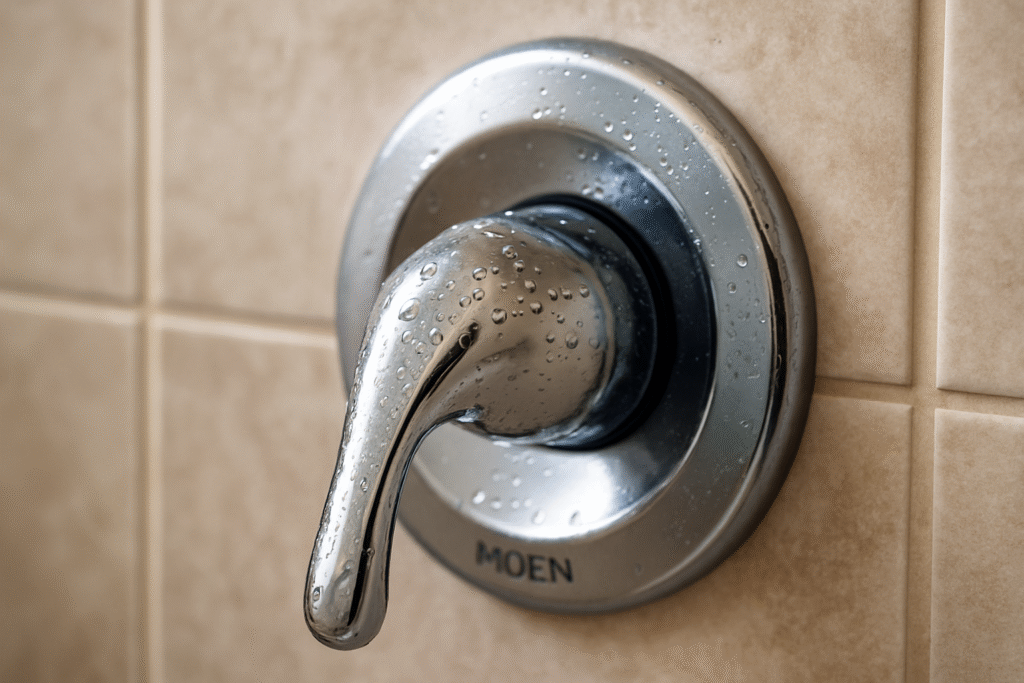 close-up of Moen shower valve handle with water droplets