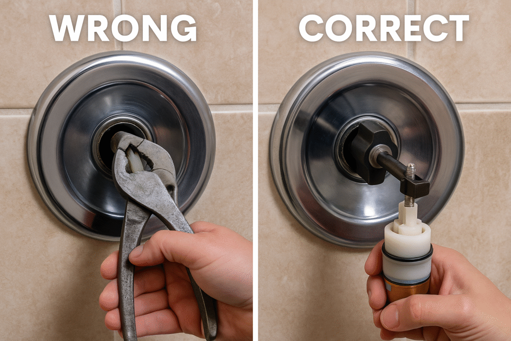 wrong vs correct methods of removing Moen shower cartridge side by side