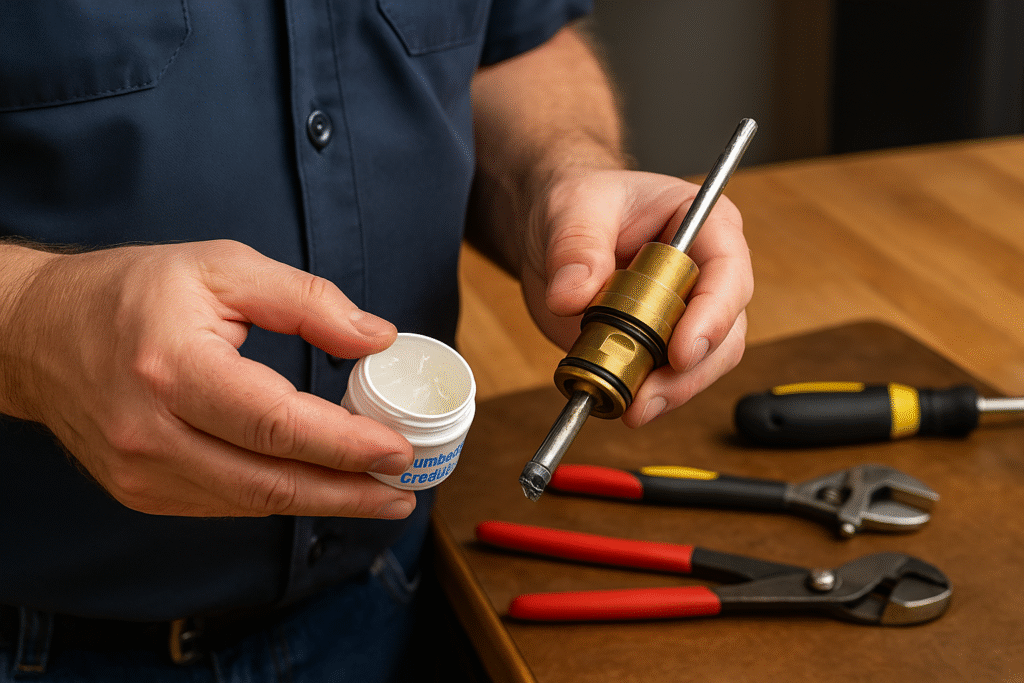 plumber applying plumber's grease to Moen cartridge O-rings