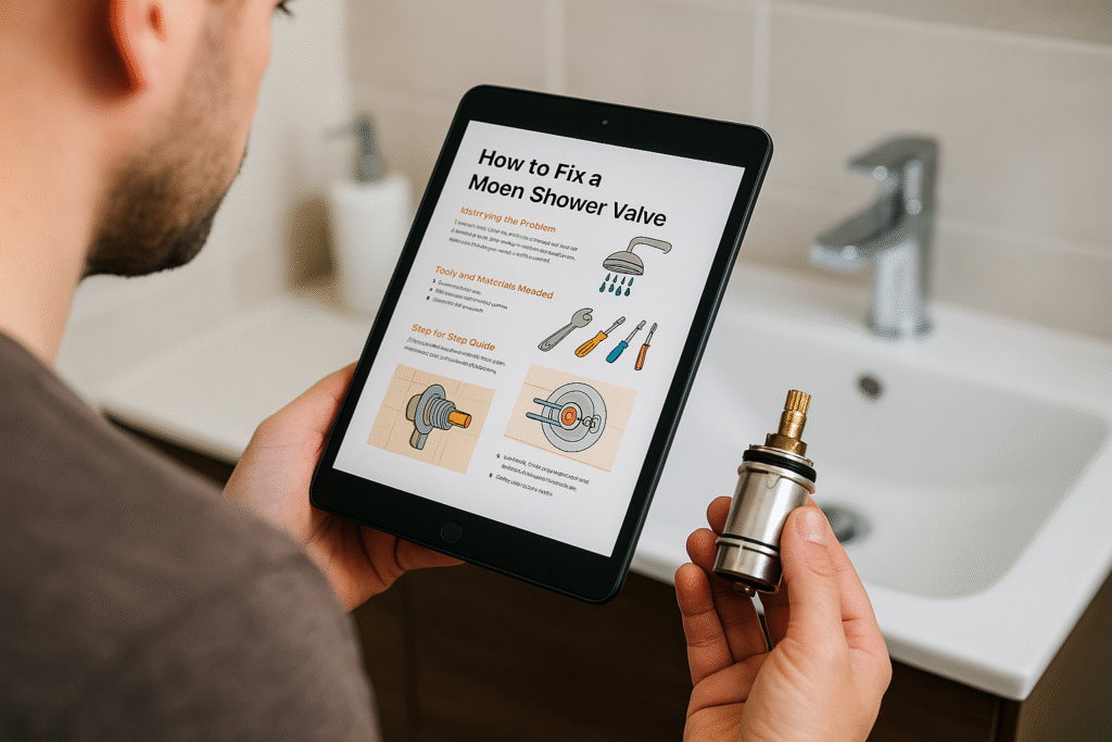 homeowner reading a Moen shower valve repair guide on a tablet