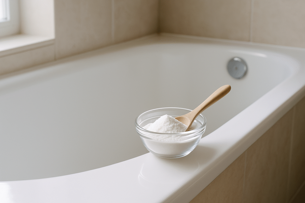 white bathtub with bowl of baking soda on the edge