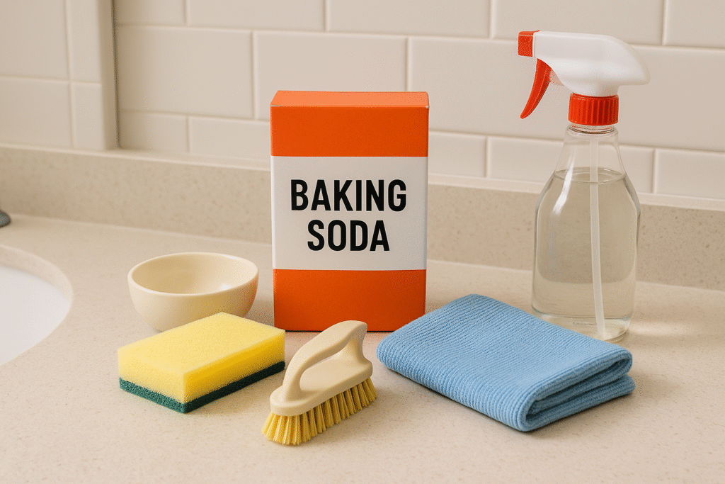 cleaning supplies for bathtub baking soda method on bathroom counter