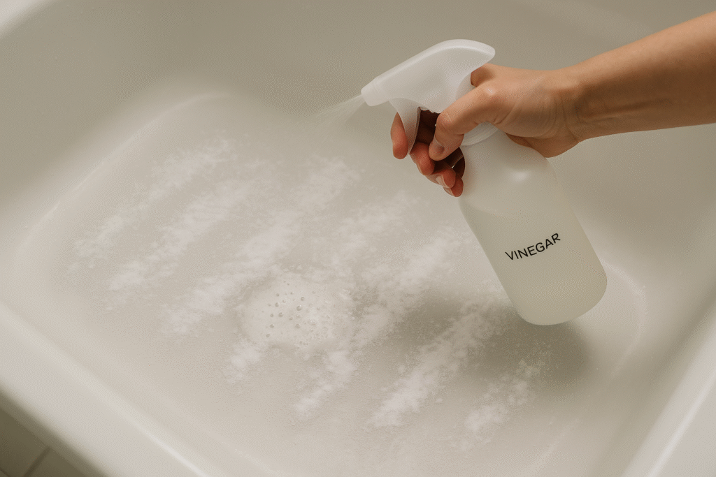 spraying vinegar solution on baking soda in bathtub for fizzing reaction