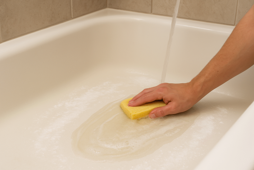 scrubbing bathtub with sponge and rinsing off baking soda residue