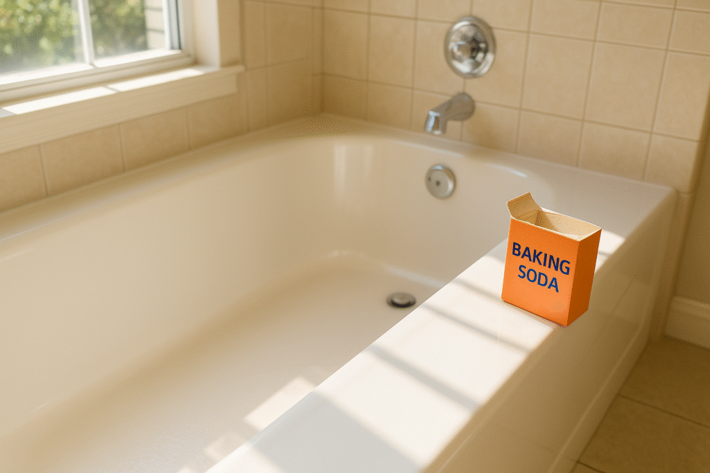 sparkling clean white bathtub with baking soda box on the edge