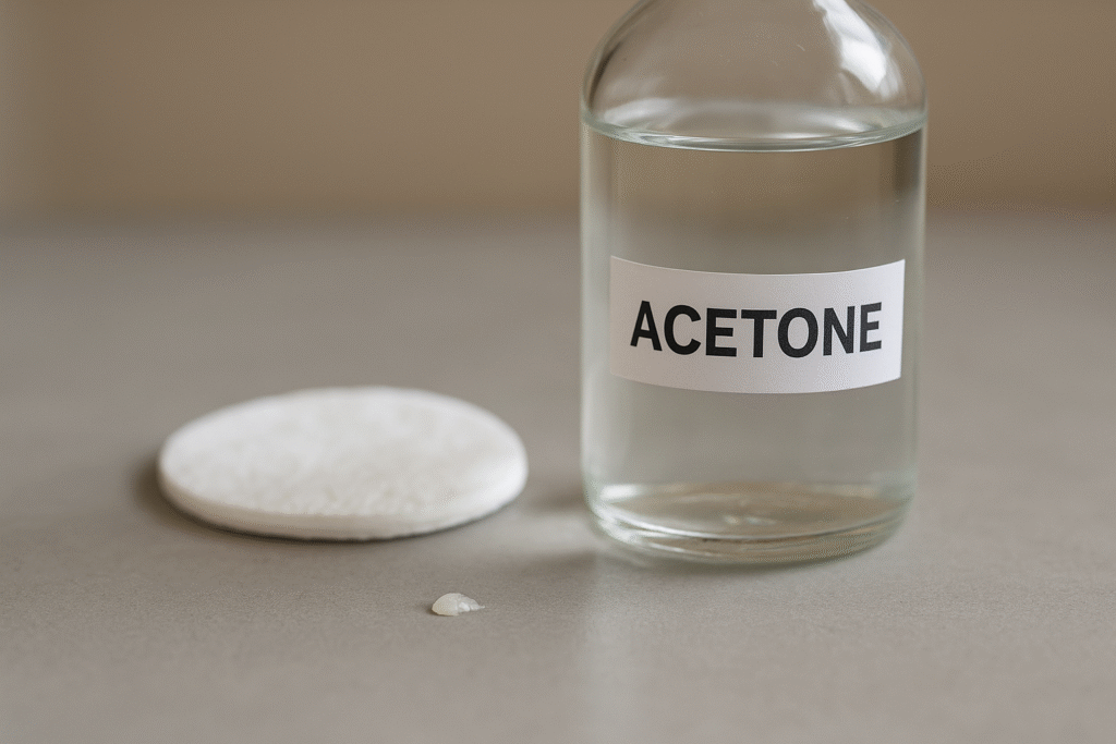 bottle of acetone with cotton pad near dried super glue drop