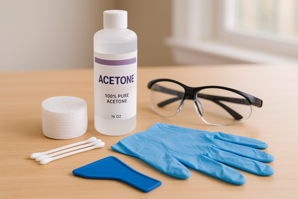acetone super glue removal supplies arranged on table