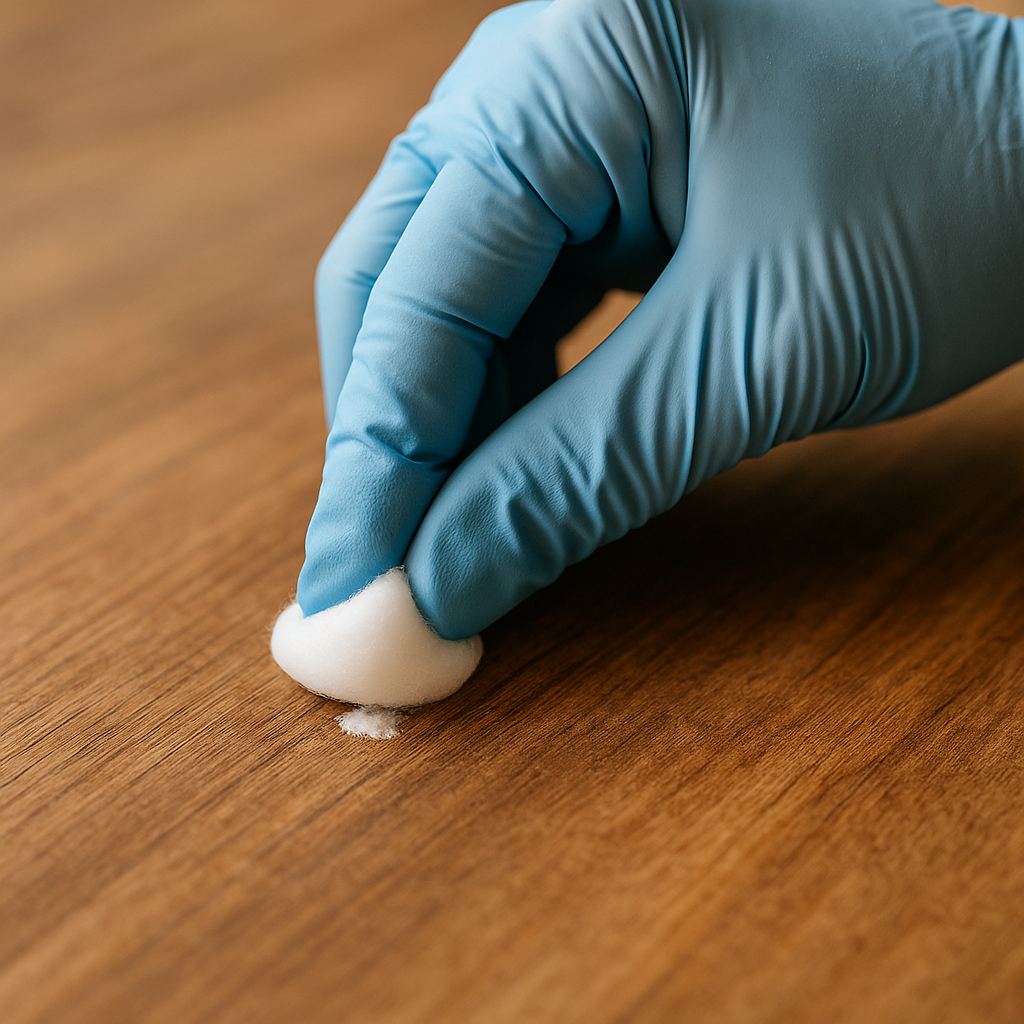 gloved hand applying acetone-soaked cotton ball on dried super glue spot