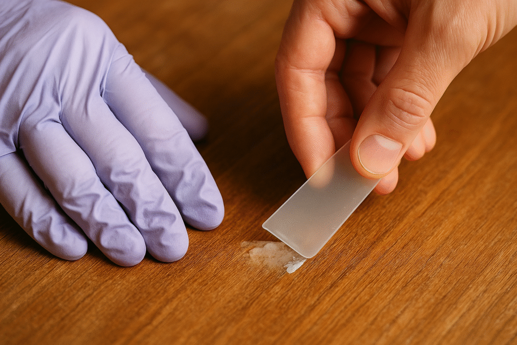 hands using plastic scraper to lift softened super glue after acetone
