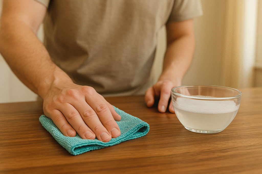 wiping wooden surface with microfiber cloth after removing super glue with acetone