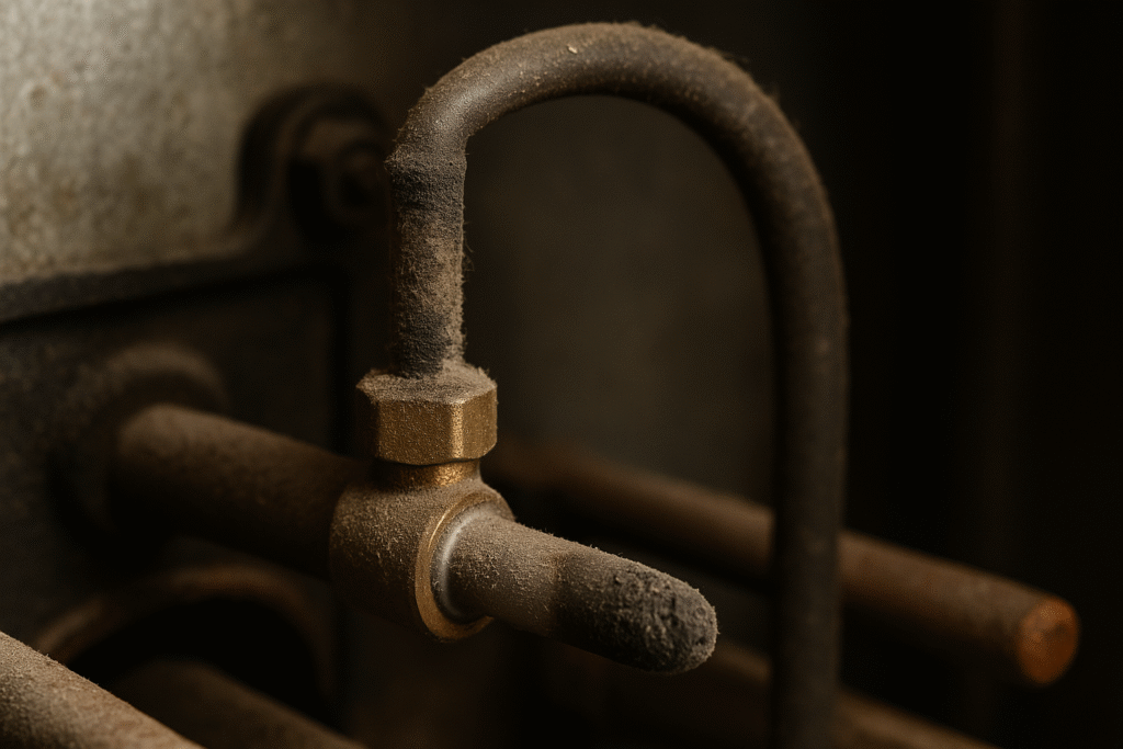 close-up of dirty thermocouple in gas furnace