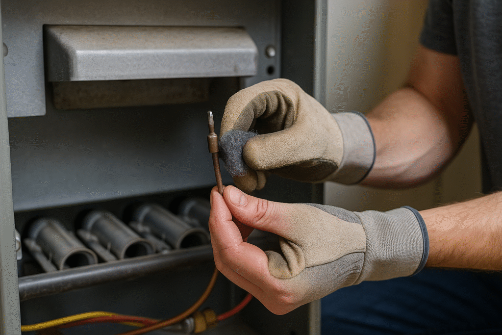 person turning off gas valve and opening furnace panel to access thermocouple