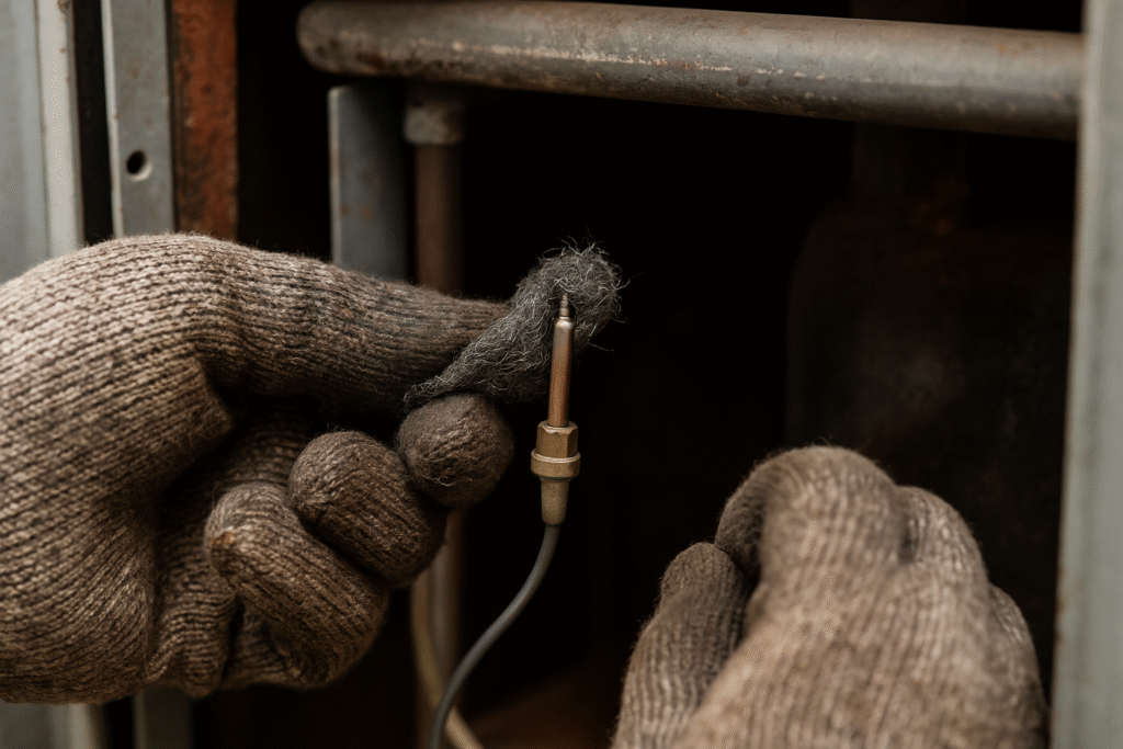 person cleaning thermocouple tip with steel wool inside furnace