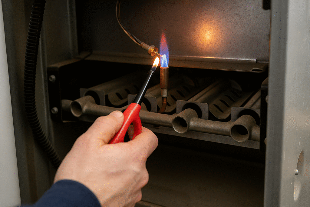 technician relighting pilot light after reassembling thermocouple