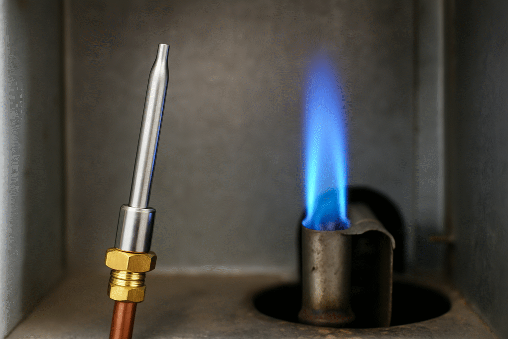 clean thermocouple reinstalled in furnace with steady blue pilot flame