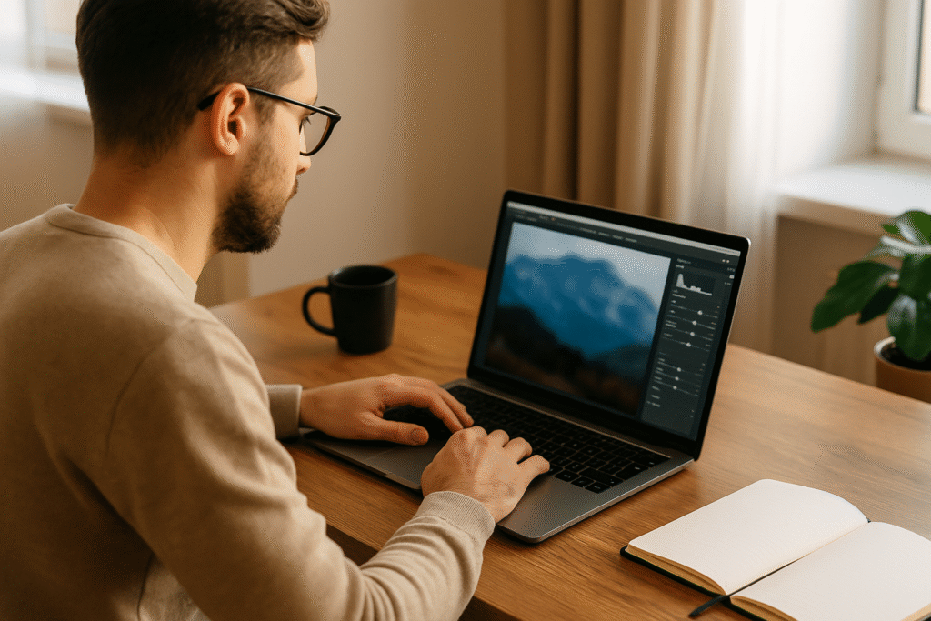 Photographer editing a blurry travel photo on laptop
