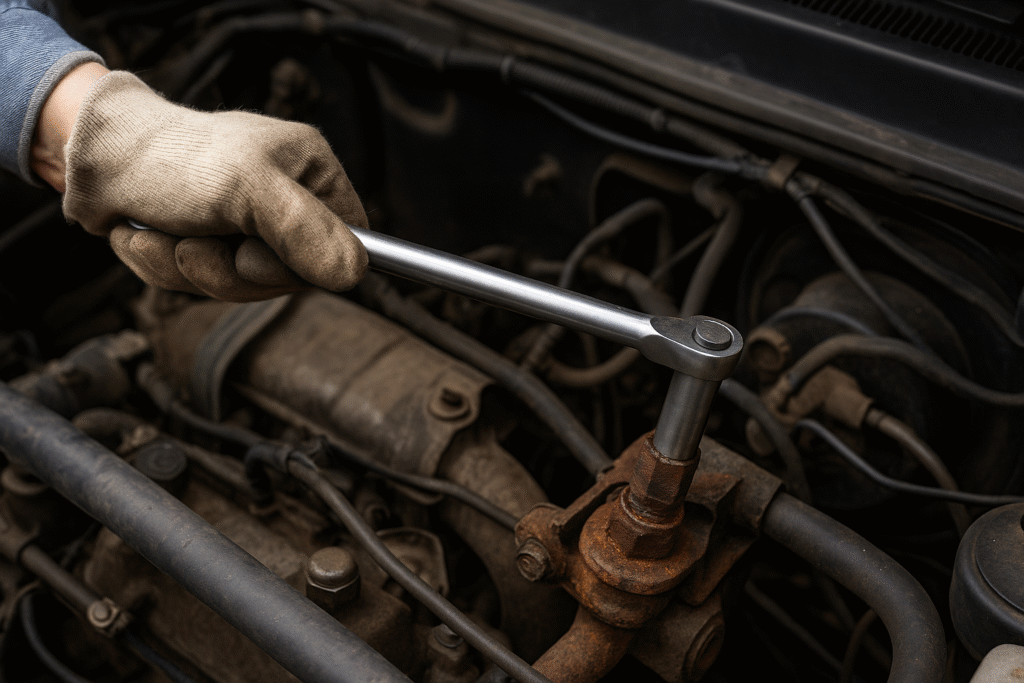 Mechanic using breaker bar with six-point socket on rusted bolt
