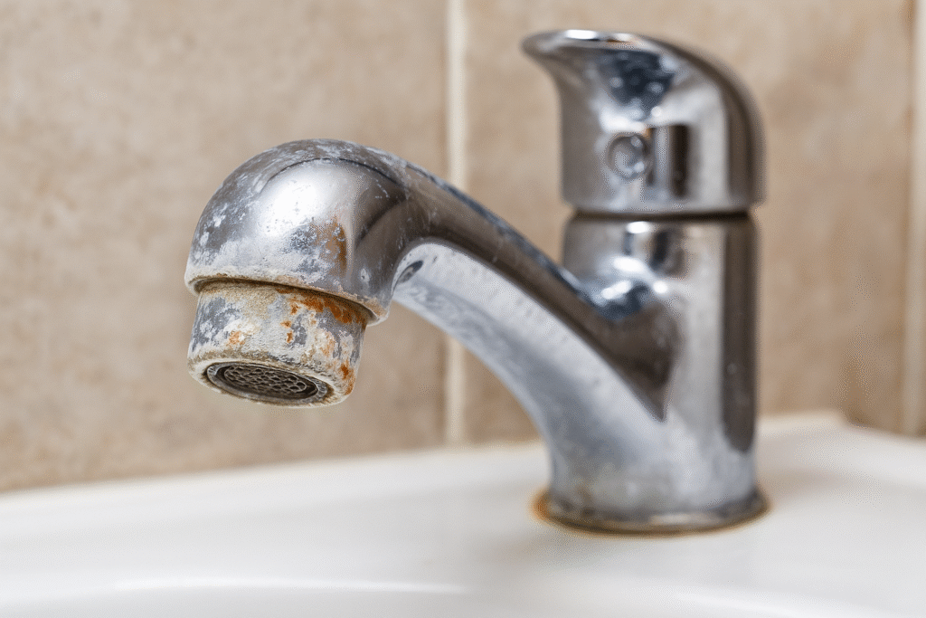 Person scrubbing faucet with abrasive pad causing scratches on calcium lime rust stains