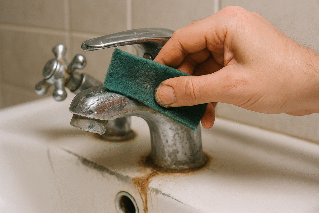 Clean chrome faucet free of calcium lime rust after treatment