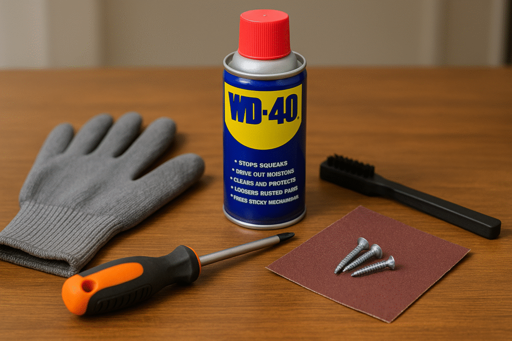 tools for fixing door latch not fully retracting laid out on table