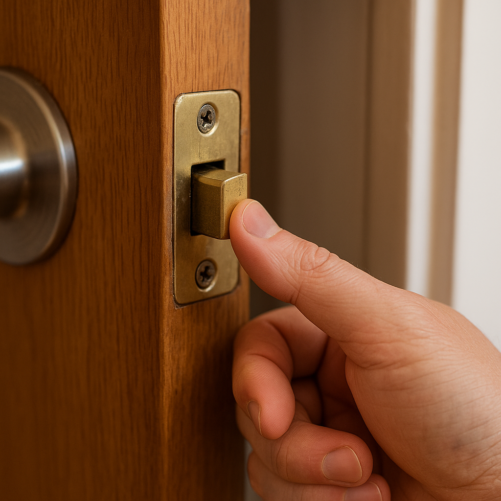 person pressing door latch with finger to test retraction