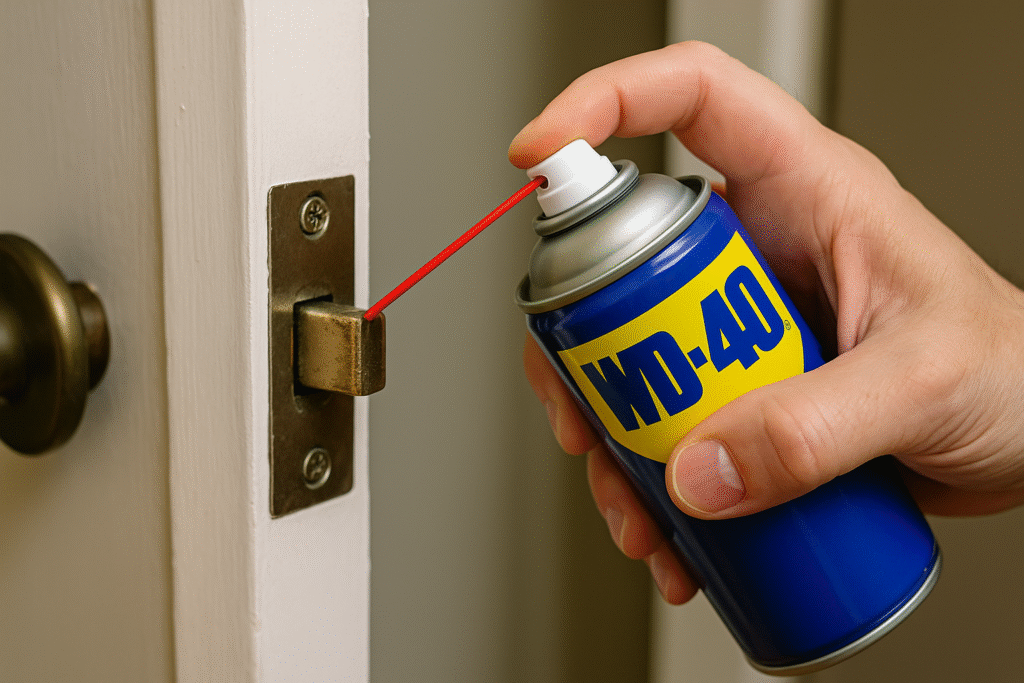 spraying WD-40 lubricant into sticky door latch mechanism