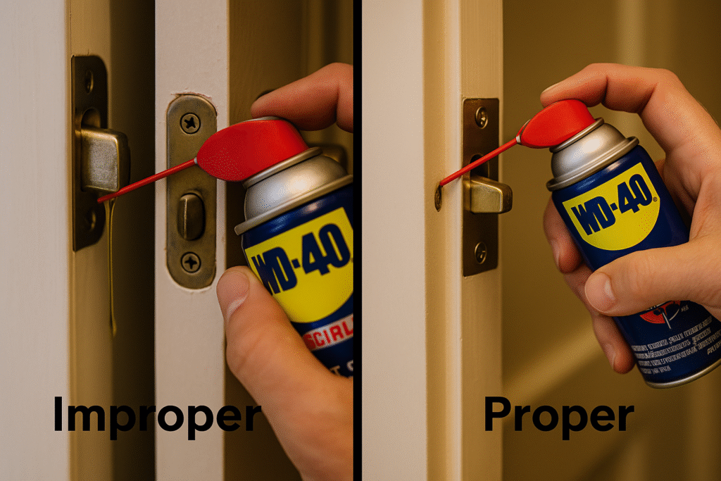 wrong vs correct way of fixing door latch retraction with WD-40