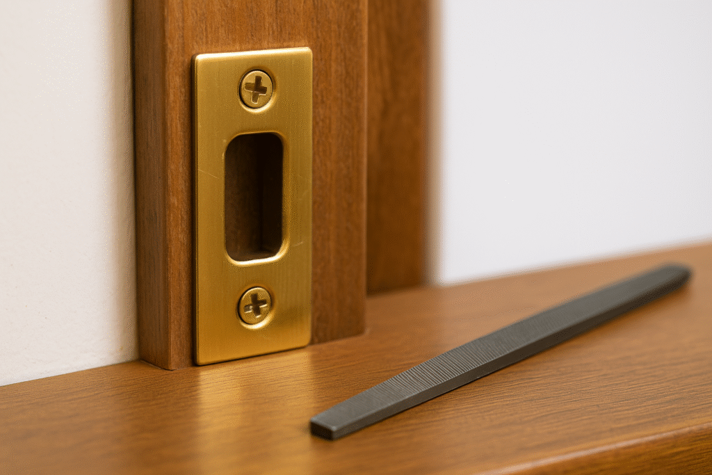 person filing strike plate with small metal file to fix door latch retraction