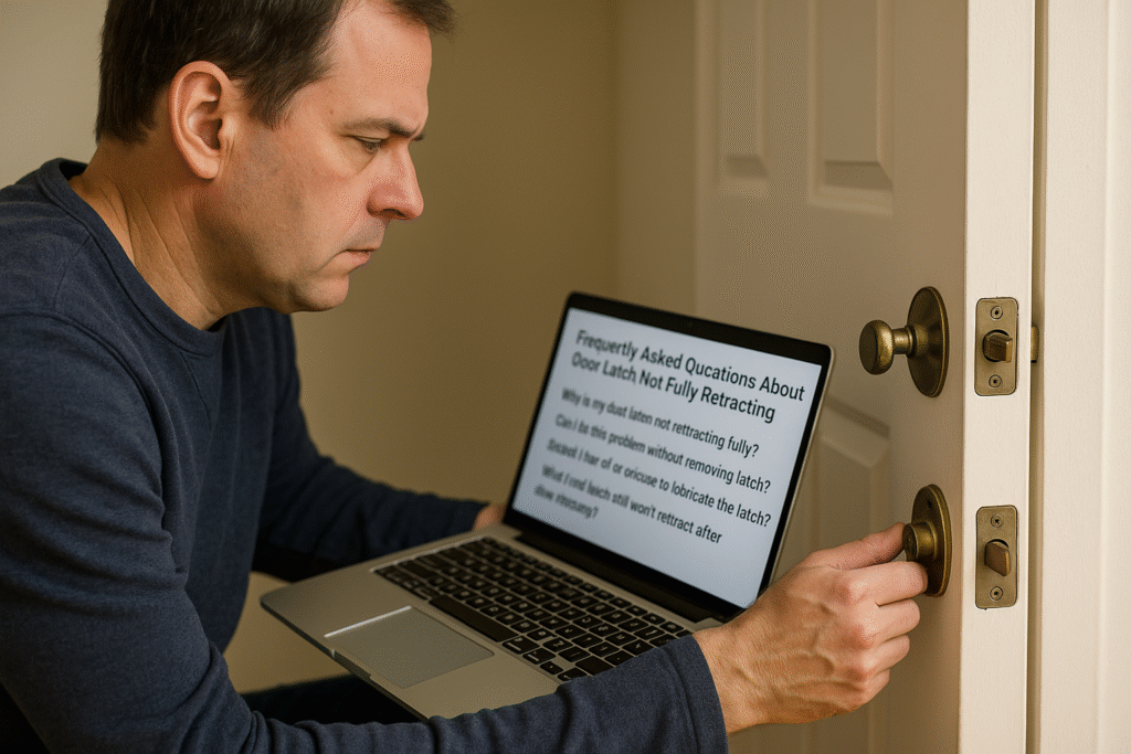 homeowner reading FAQ guide on laptop while testing door latch