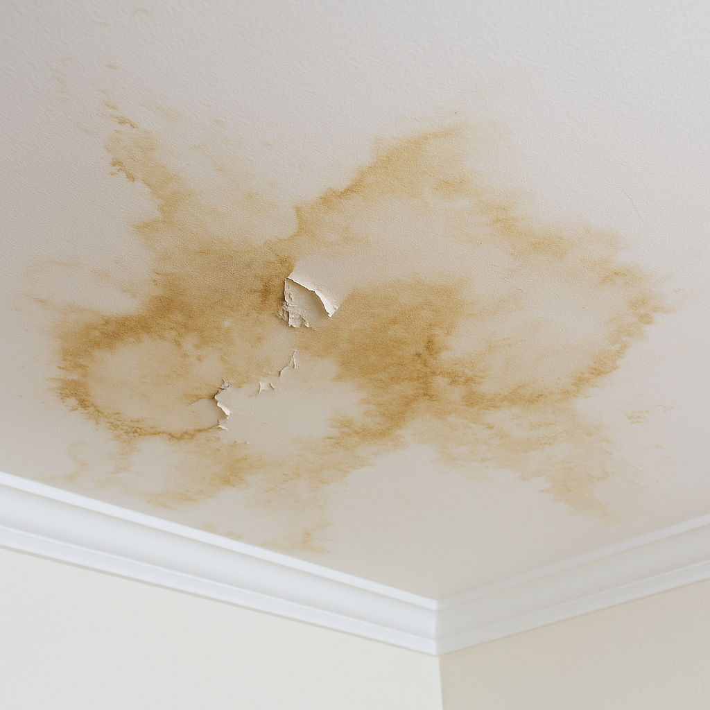 ceiling with water stains and peeling paint from water damage