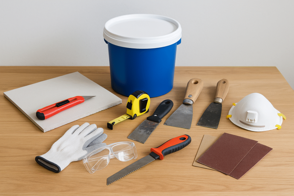 tools and materials for repairing ceiling water damage laid on table