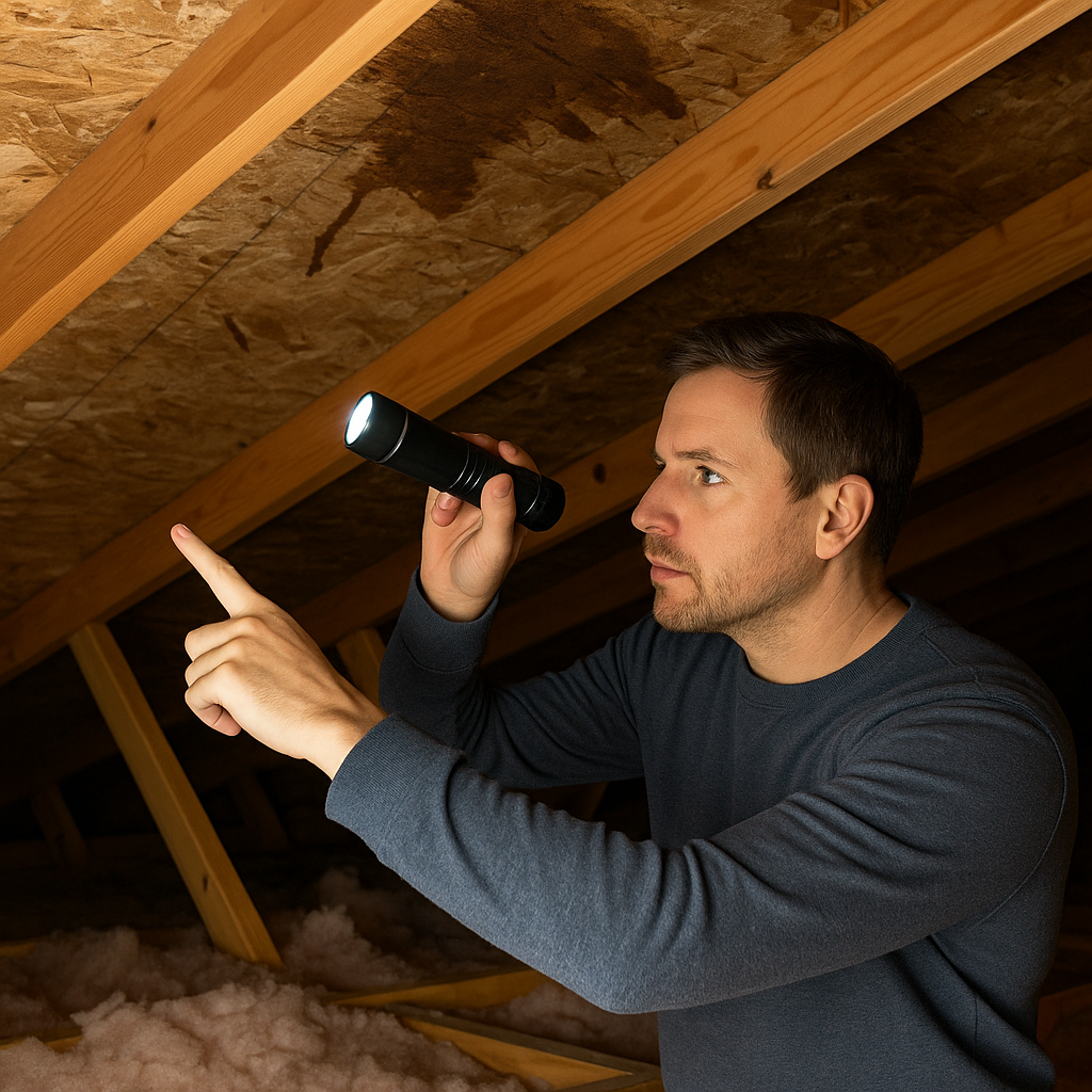 homeowner inspecting attic with flashlight pointing at wet insulation and ceiling water stains