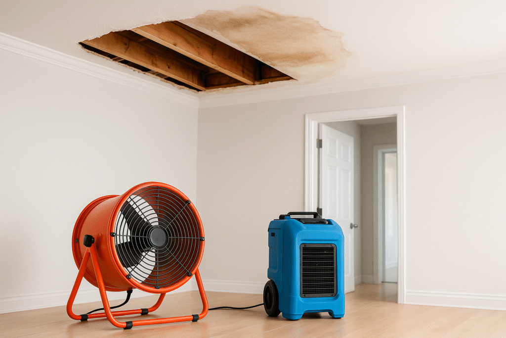 industrial fan and dehumidifier drying ceiling water damage area