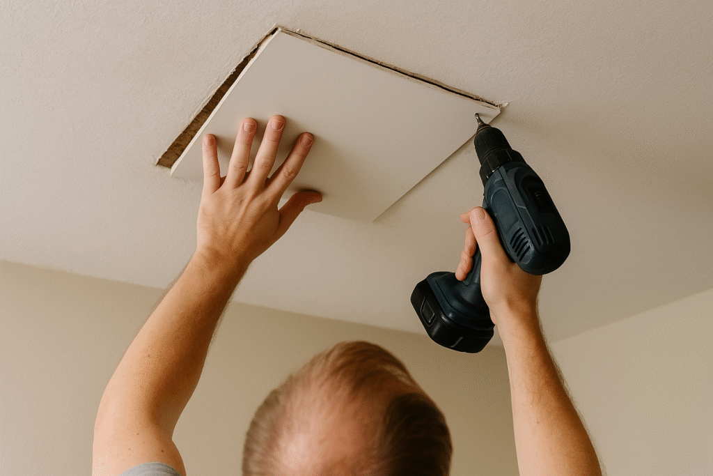 person replacing damaged ceiling drywall with new piece after water damage