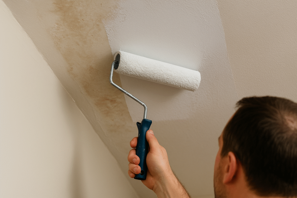 person painting repaired ceiling area to cover water damage stains