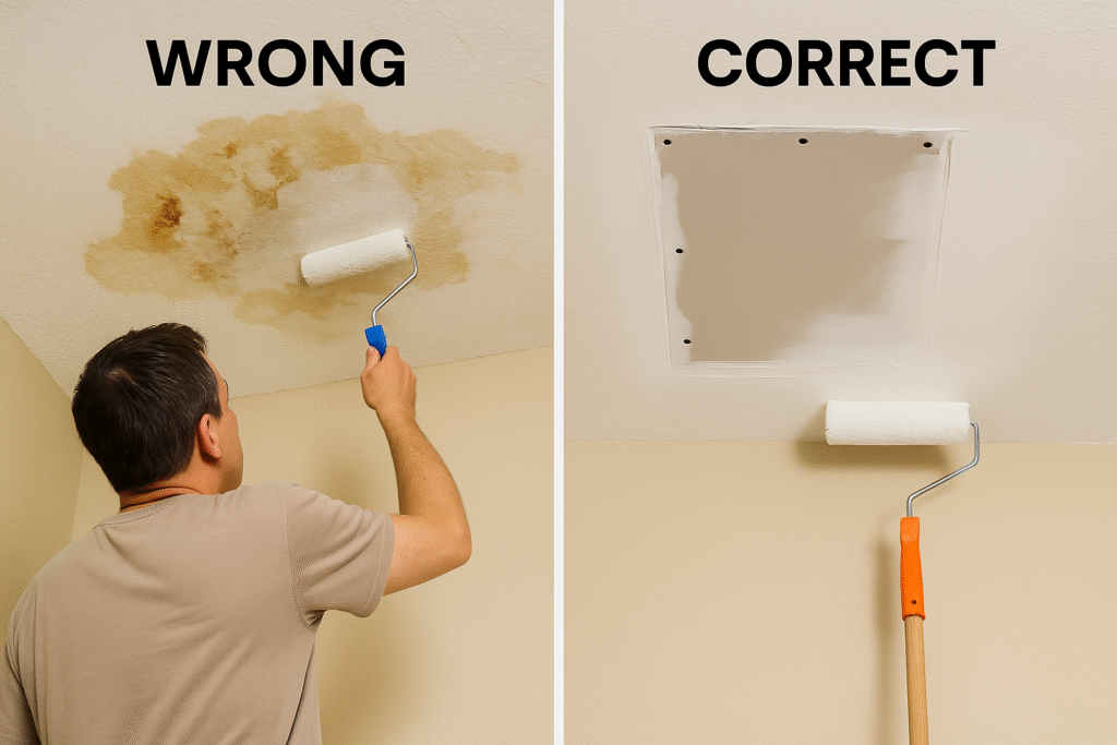 comparison of wrong vs correct way to repair ceiling water damage