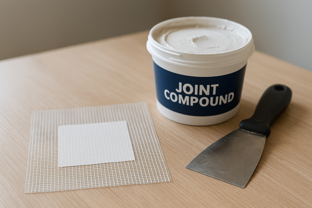 ceiling patch repair kit with mesh patch, joint compound, and putty knife